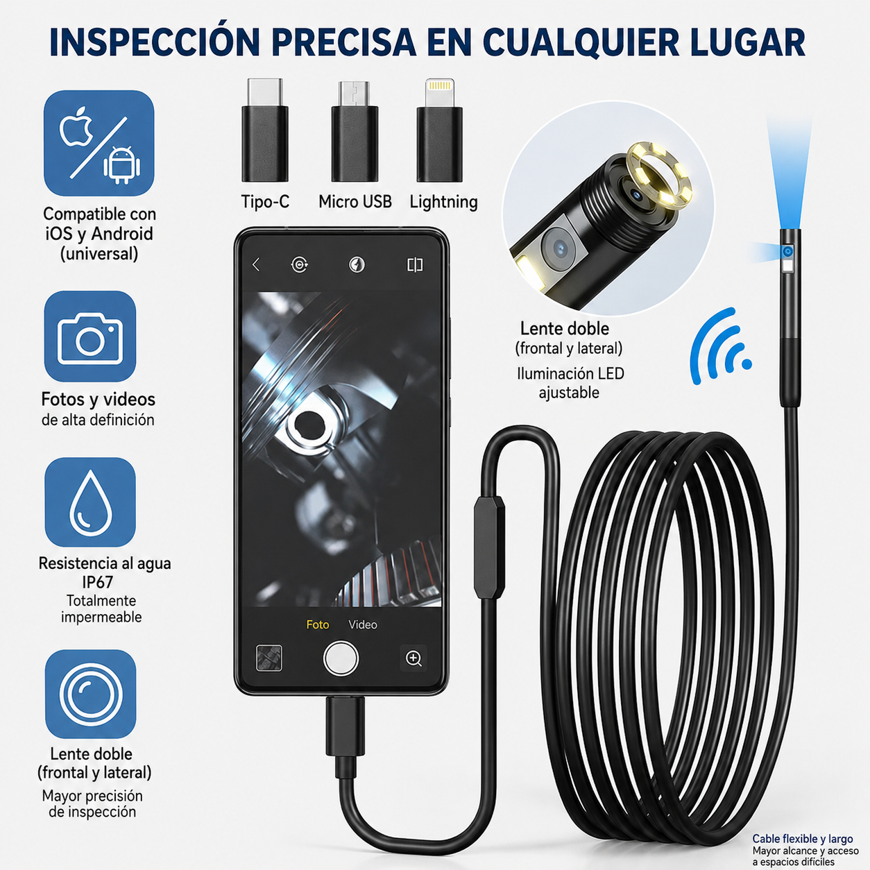 Cámara endoscópica Wifi de lente única/doble, Mini cámara de inspección de coche Android para Iphone IOS, boroscopio de tubería impermeable tipo C
