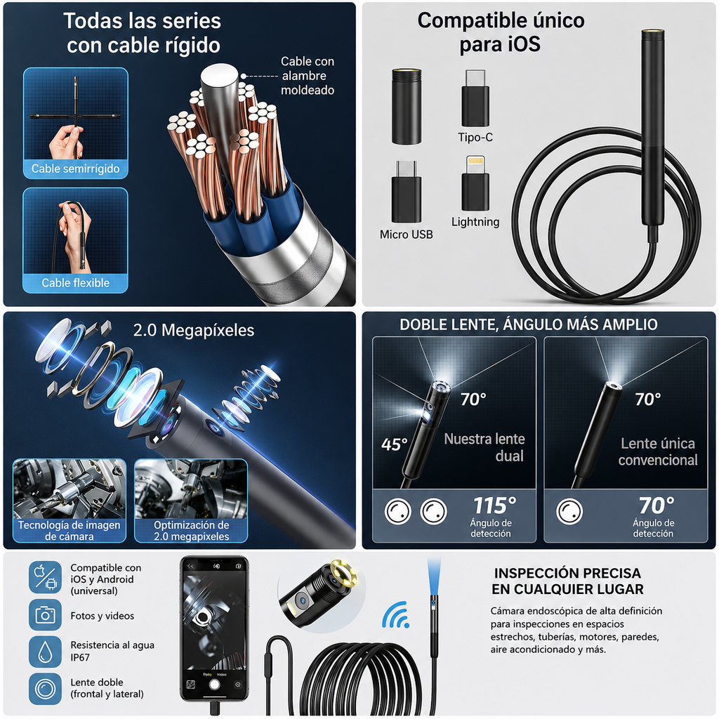 Cámara endoscópica Wifi de lente única/doble, Mini cámara de inspección de coche Android para Iphone IOS, boroscopio de tubería impermeable tipo C